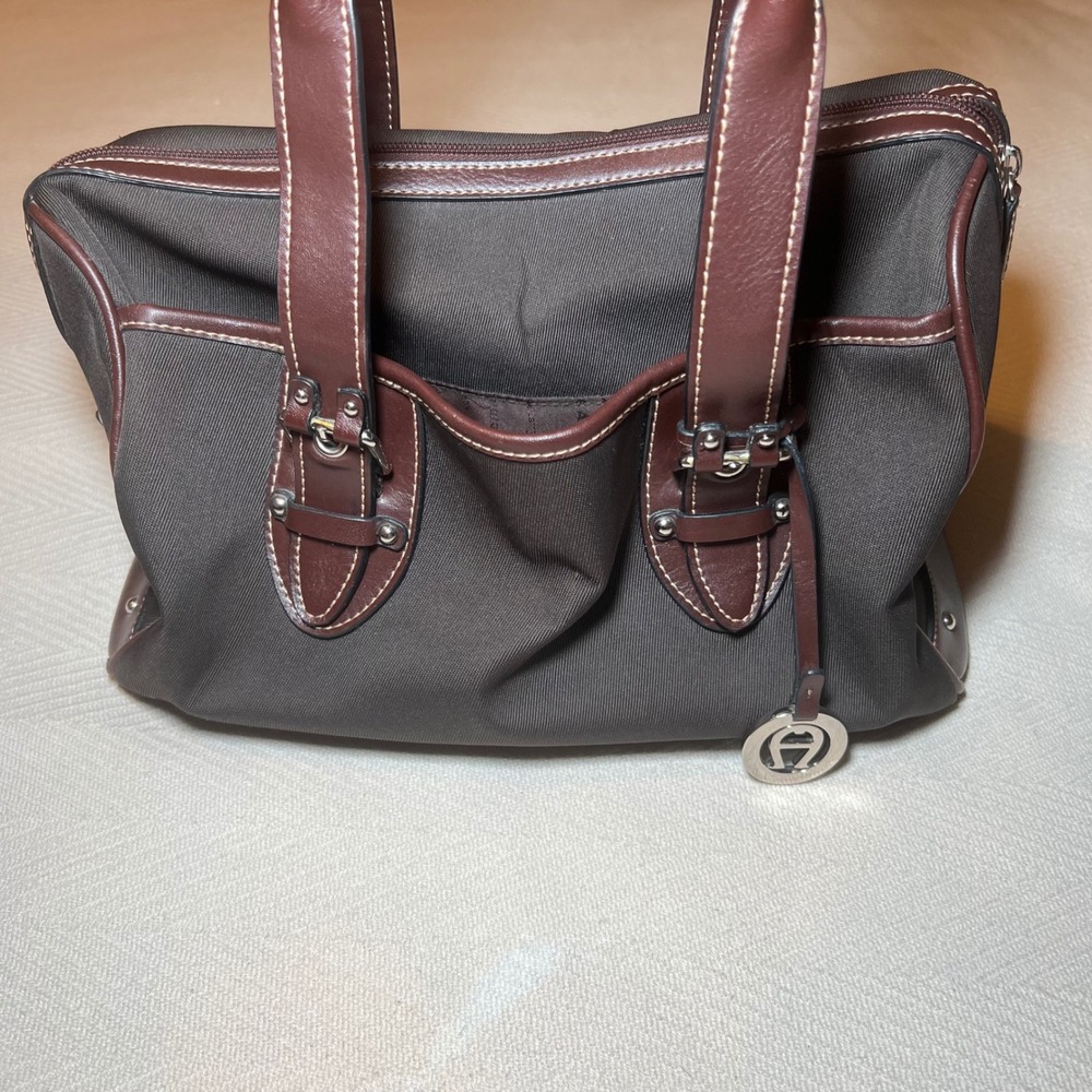 Etienne Aigner Brown Canvas Leather Trim Satchel Handbag Buckle Detail Brown